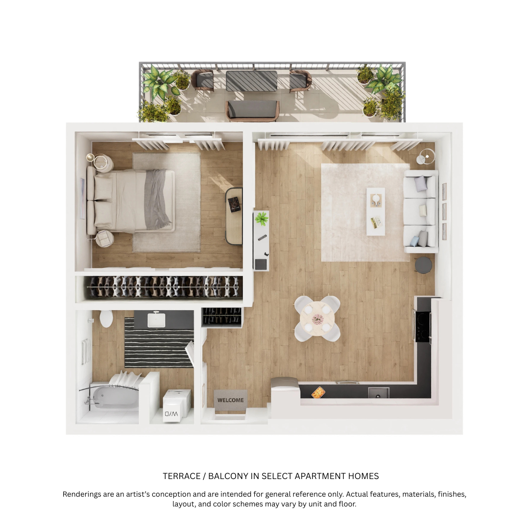Floor plan for 1 bed, 1 bath, 699 sqft